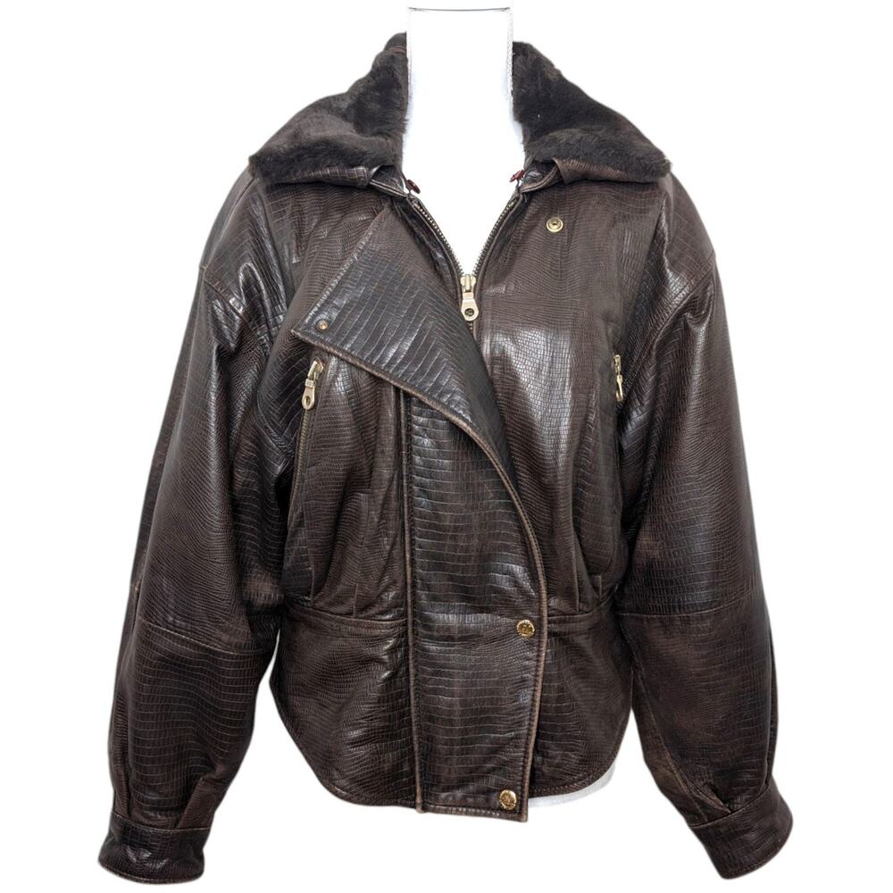 Andrew Marc Croc Embossed Brown Leather Moto Jacket Faux Fur Collar Women’s M